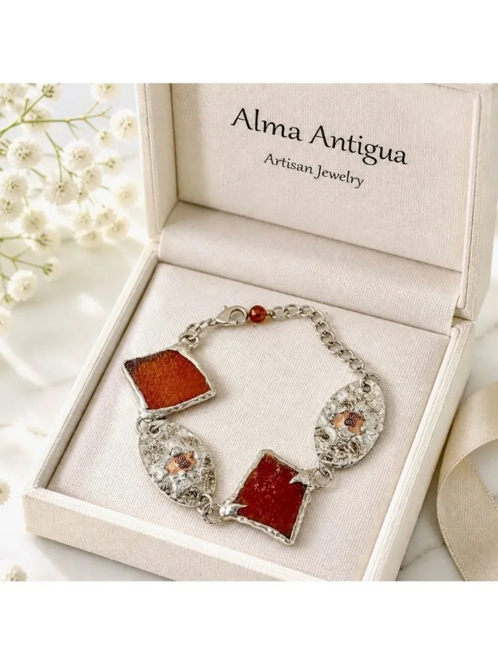 Amber Sea Glass Bracelet | Mixed Metal Silver & Copper Stamped Links |Adjustable